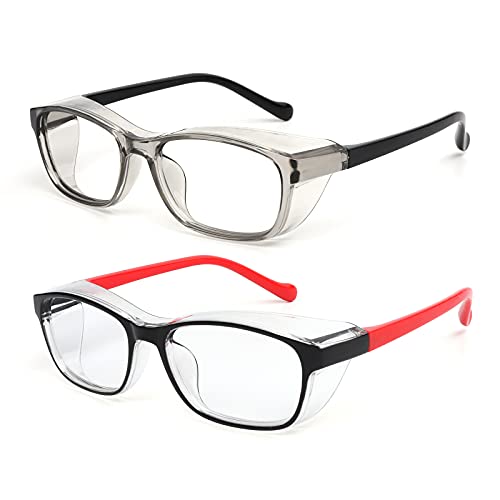 ALWAYSUV Kids 2 Pack Safety Glasses Anti Fog Goggles Blue Light Blocking Glasses Clear Lens Protective Eyewear 5-12 Ages - color: Black+red
