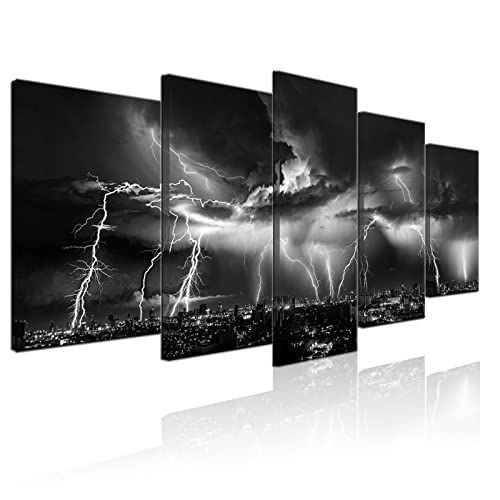Biuteawal - Black and White Wall Art Nature Lightning Strikes in The Clouds Painting on Canvas Storm and City Night View Picture Print for Home Office Living Room Decoration Wall Decor - size: W50"xH24"
