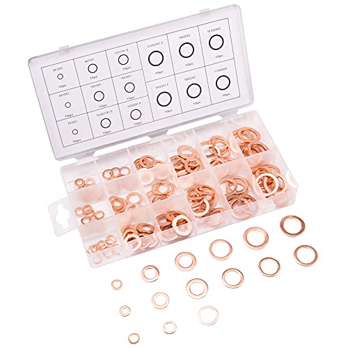 Toolwiz 150PCS 15 Sizes Copper Washers Metric Sealing Assortment M17.5-M5 | Flat Ring Sump Plug Crush Washer Oil Drain Plug Gasket Seal Assortment Set M5/6/7/8/10/10.5/11/12/12.5/14/15/16/16.5/17.5