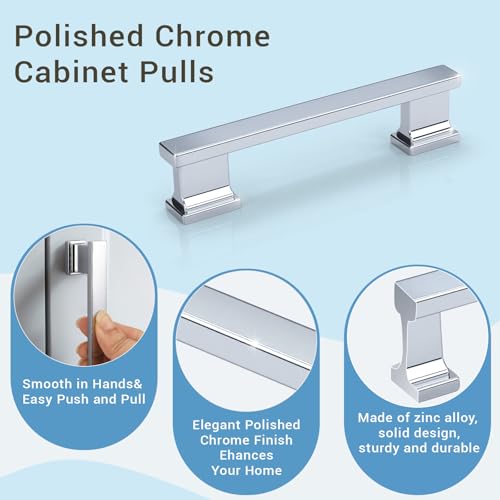 KNOBWELL 6 Pack Polished Chrome Solid Cabinet Pulls 3-3/4 Inch(96mm) Hole Center Kitchen Cabinet Handles,Cabinet Hardware for Cupboard Drawer Pulls - color: Polished Chrome, size: Hole Center：3-3/4 inch（96mm）
