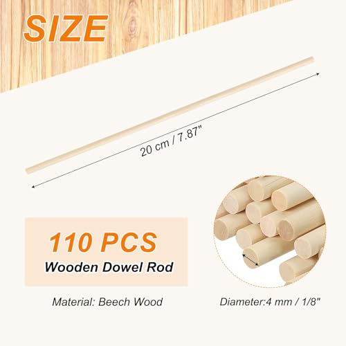 PATIKIL 1/8 x 8 Inch Wooden Dowel Rod, 110 Pcs Wood Dowels Unfinished Round Wood Sticks Hardwood Sticks for Craft DIY Projects Home Decor, Natural Color - size: 1/8 x 8 Inch