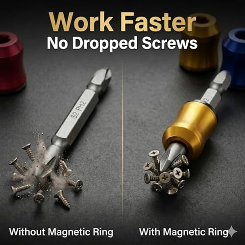 Magnetic Screw Ring Set 3PCS with PH2 S2 Bit, 1/4” Hex Screw Holder for Drill & Power Bits, Removable Magnetic Screwdriver Bit Holder for DIY, Woodworking, Mechanics & Repair