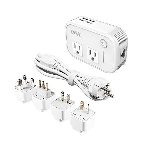FOVAL Power Step Down 220V to 110V Travel Voltage Converter International Power Adapter for Hair Straightener/Curling Iron with 4-Port USB Charging US/UK/AU/EU Universal Plug Adapter (White)