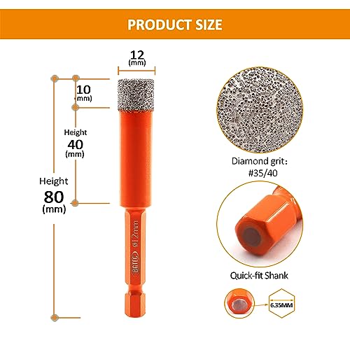 BGTEC Dry Diamond Drill Bits 2pcs 1/2 Inch 12mm with Quick Change Hex Shank for Granite Marble Porcelain Tile Ceramic - size: 12mm