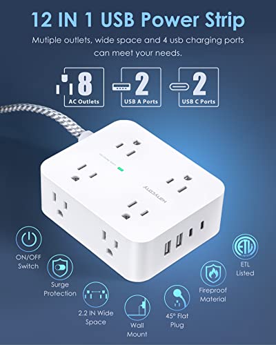 HANYCONY 6Ft Surge Protector Power Strip USB C, 1080J, 8 Outlet Extender - color: White, size: 6ft