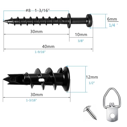 30Pc Self Drilling Black Drywall Anchor and Double Headed Hanger Screws Kit - size: #8 - 15B
