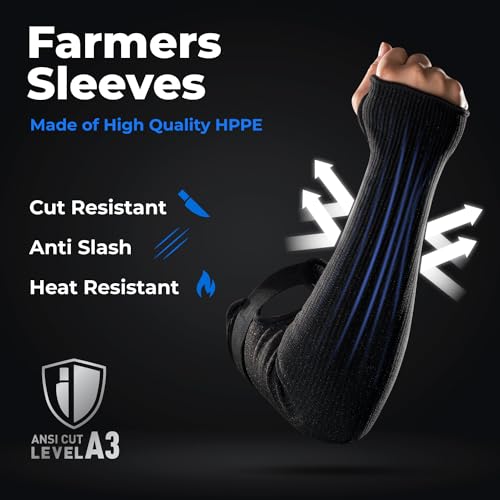 OriStout Cut Resistant Farmers Sleeves with Thumb Hole, Protective Arm Sleeves, for Gardening, Welding, Kitchen, Arm Guards for Biting, Pet Grooming, Black, 1 Pair | Arm Protectors for Thin Skin and Bruising - color: Black (1 Pair) - Long, size: One Size