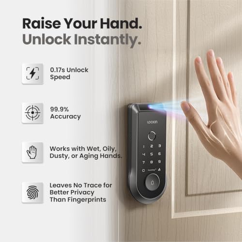 Lockin Veno Smart Lock - Palm Vein Keyless Entry Door Lock - 6 Unlock Methods - Built-in WiFi - Smart Home Compatible - No Monthly Subscription - 14-Month Battery Life - Dual Batteries - size: Dual Batteries, style: Palm Vein（No Camera）