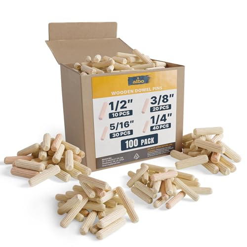 ALBO Wooden Dowel Pins 100 Pack Assorted Sizes 1/2 + 3/8 + 5/16 + 1/4 inch Fluted Wood Dowels Rods Hardwood Crafts Dowel Pegs - size: Set 100pcs 1/2 + 3/8 + 5/16 + 1/4 inch