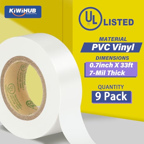 White Electrical Tape, UL Approved, 0.7in x 33ft, 9 Pack - color: White