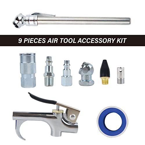 Air Compressor Accessories Kit, 9 Pieces, 1/4 Inch × 25FT PVC Hose, Deep Blue, Includes Blow Gun, Fittings, Chuck, Tire Gauge, 300 PSI - color: Deep Blue