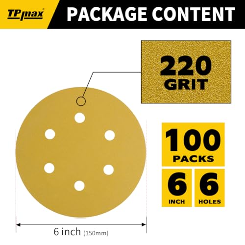 100PCS 6 Inch 220 Grit 150mm 6 Hole Sanding Discs Sandpaper - Premium Gold Round Hook and Loop for Random Orbital Sander - Ideal for Wood, Metal, Automotive - style: 220 Grit - 100 Pack