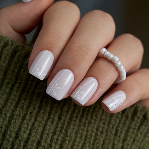 CurvLife Short Sqaure Press On Nails, White Snowflake, Soft Gel - color: White Snowflake Nails