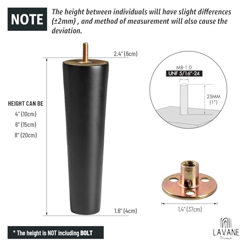 La Vane 8 inch / 20cm Wooden Furniture Legs, Set of 4 Black Solid Wood Tapered M8 Furniture Replacement Feet with Pre-Drilled 5/16 Inch Bolt & Mounting Plate & Screws for Sofa Chair Couch Ottoman - size: 8 inch