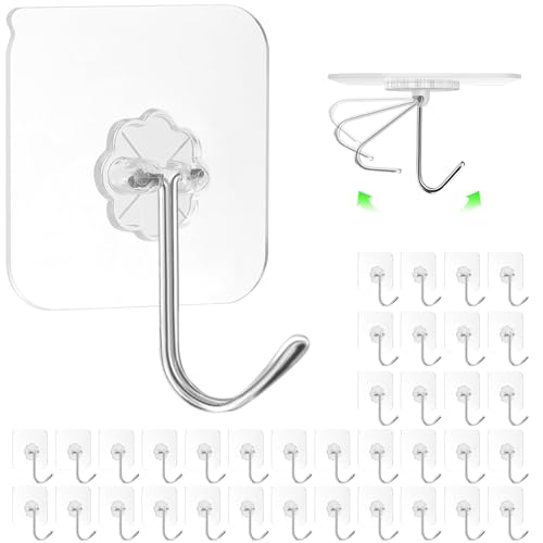 ZESLMG Adhesive Wall Hooks No Damage for Hanging, 36 Pack Large Self Sticky Hooks Heavy Duty 44lb Removable, Clear Hook for Shower Towel Coat Key Picture Wreath Outdoor Bathroom Kitchen, Waterproof - size: 36 Upgraded Large Hook