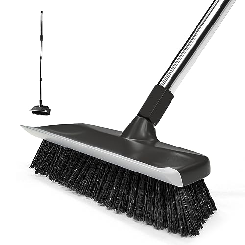 ITTAR Floor Scrub Brush with 55" Long Handle, 10" Wide Stiff Bristles Deck Brush, Stainsless Steel Pole Heavy-Duty Cleaning Brush, 2-in-1 Scrubber with Ruber Squeegee for Deck, Patio, Pool, Tile, Wall
