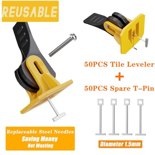 Tile Leveling System Kit 1/8 Tile Spacers Reusable 50pcs Leveler Tile Tools for Installation+50pcs Replaceable Spare Steel T-Pin Upgraded Adjustable Fit 8-12mm Tile Floor Leveling Compounds Set - color: 50 Pcs