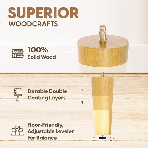 Yes4All 6 Inches Round Natural Solid Wood Furniture Legs Set of 4, Heavy Duty 800 Lbs Capacity Furniture Legs with Leveler, Replacement Legs for Furniture, Couch, Sofa, Dresser, Ottoman - color: Round Natural, size: 6 inch