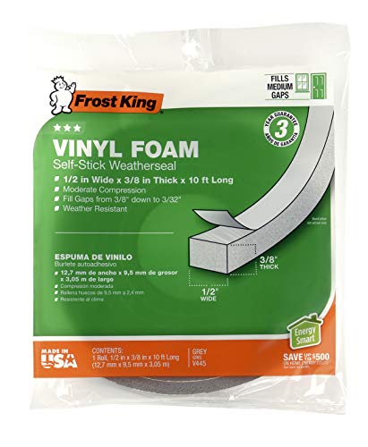 Frost King Vinyl Foam Tape - Closed Cell - Moderate Compression, 1/2 W", 3/8" Thick, 10' L, Grey - size: Pack of 1, style: 1/2"W,3/8"T,10\'L,Grey