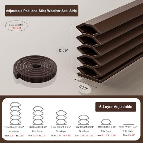Rip-to-Fit Weather Stripping – 20 Feet, 5-Layer Adjustable Self-Adhesive Weather Seal Strips Fits Big Gaps(0.04-0.59 Inch), for Door Frame Door Insulation Strip Waterproof, Brown - color: Brown