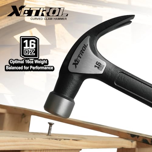 Steel Curved Claw Hammer 16oz, Solid One Piece Steel Heavy Duty Curved Hammer, Shock-Absorbing Handle Design, Ergonomic Comfortable Grip, Enhanced Leverage for Nail Pulling