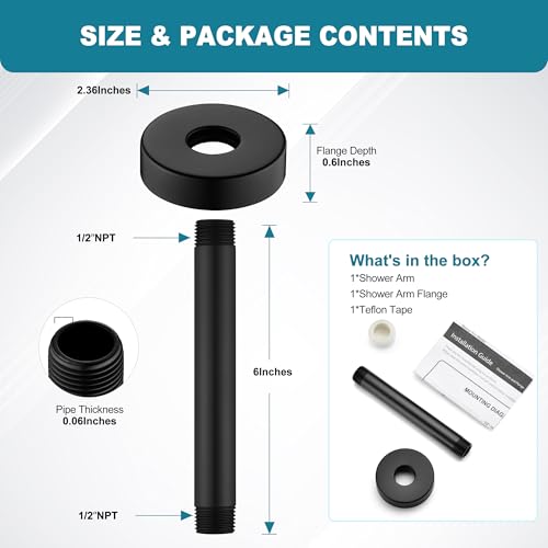 BRIGHT SHOWERS Shower Arm with Flange for Rainfall Shower Head, 6 Inch Ceiling Mount Straight Arm, Replacement Extension Pipe, Heavy-Duty Stainless Steel, Rust-Resistant, 1/2" NPT, Matte Black - color: Matte Black, style: 6 Inch