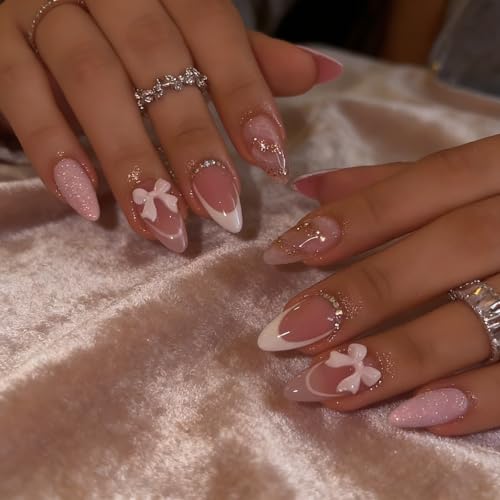 French Tip Almond Press on Nails Medium Pink Fake Nails 3D Bow Diamond Glitter Designs,Cute Reusable Artificial Nail Full Cover Stick on Nails for Women Manicure 24Pcs - color: 3d bow french pink glitter
