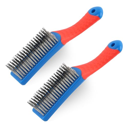 2 Pack Steel Brush for Cleaning-Heavy Duty Stainless Steel Wire Brush for Metal Rust Cleaning, Paint Scrubbing with Rubber Covered Handle