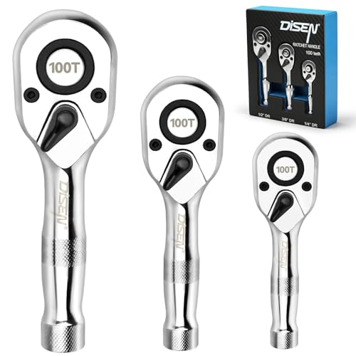 DISEN 3-Piece Stubby Ratchet Set – 1/4", 3/8", 1/2" Drive | 100-Tooth Ratchet with EVA Storage Tray | Quick Release Button | Non-Slip Grip | Reversible 3.6° Design for Tight Spaces, Chrome Finish - size: 1/4''+3/8''+1/2'' Set, style: 100T Stubby Ratchet S