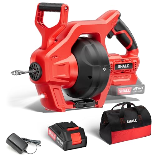 SHALL 20V Cordless Drain Auger with 25Ft Plumbing Drain Snake, Electric Snake Drain Hair Clog Remover W/ 2.0Ah Battery & Fast Charger, Shower Drain Snake for 3/4’’-2’’ Sewer Pipe, Sink Toilet Bathroom