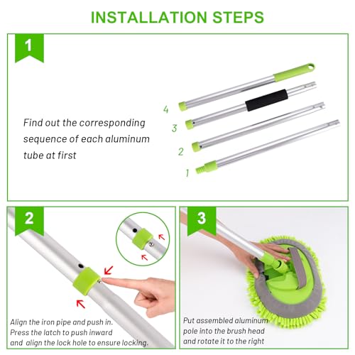 Ordenado 62" Car Wash Brush Kit Mitt Mop Sponge with Long Handle Chenille Microfiber Car Cleaning Brush Kit Supplies Car Washing Mop Kit Car Care Kit of Scratch-Free Replacement Head for Car RV Truck - color: A-green