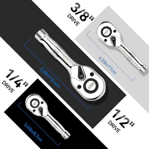 DISEN 3-Piece Stubby Ratchet Set – 1/4", 3/8", 1/2" Drive | 100-Tooth Ratchet with EVA Storage Tray | Quick Release Button | Non-Slip Grip | Reversible 3.6° Design for Tight Spaces, Chrome Finish - size: 1/4''+3/8''+1/2'' Set, style: 100T Stubby Ratchet S