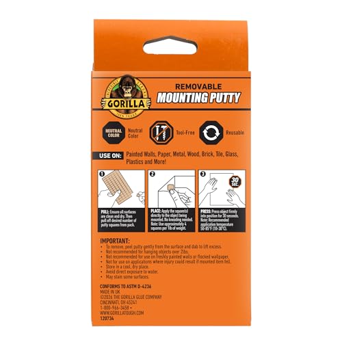 Gorilla Removable Mounting Putty, Natural Tan, 168 Pre-Cut Squares, 1-Pack - size: 168 Squares