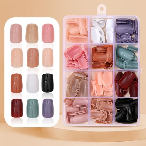 288Pcs Press On Nails Short Square Fake Nails Press Ons Set, Solid Color Acrylic Glue on Nail Reusable Full Cover Glossy Artificial Nail Kit False Nail for Women Manicure 12 Pack - color: Style-18