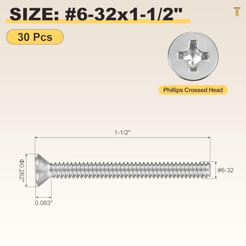 METALLIXITY #6-32x1-1/2 Phillips Flat Head Bolts 304 Silver 30Pcs - color: Silver, size: #6-32x1-1/2"