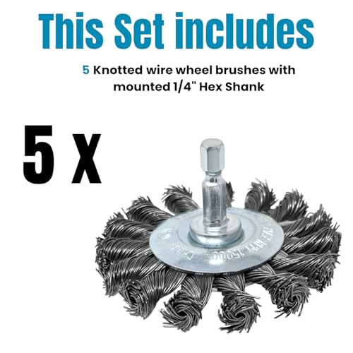 LINE10 Tools 5pk 3" Knotted Wire Brush for Drill Set, 1/4" Hex Shank Impact Twisted Wire Brush Attachments for Metal Welding Cleaning, Heavy Duty Round Circular Wheel Brushes Rust Paint Removal Kit