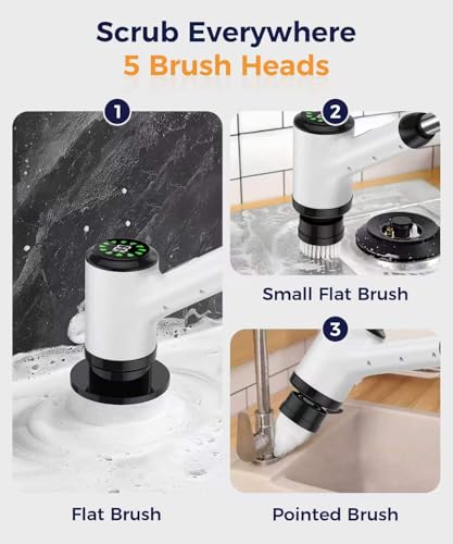 Cordless Electric Spin Scrubber with 5 Brush Heads, White-te1 - size: 5heads