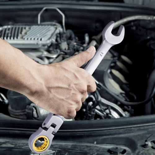VEVOR Flex-Head Ratcheting Wrench Set, Nickel Plating, 8-piece Flexible Ratcheting Combination Wrench Set with Roll-up Pouch, CR-V, 72 Teeth, Metric 8-17mm - size: 8PCS (Metric), style: Flex-head
