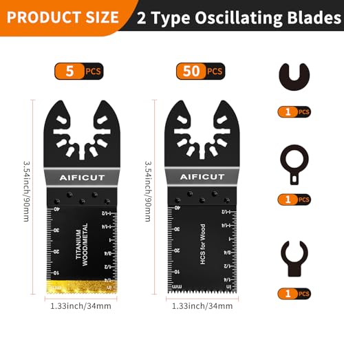 AIFICUT 55 PCS Oscillating Saw Blades Quick Release Universal oscillating Tool Blades Wood Plastics and Metal Multitool Blade Kits for Wood fit Dewalt Rockwell Milwaukee Makita Ryobi