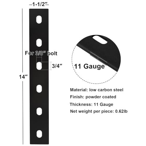 6 Pack Black Flat Mending Plates,14" L x 1-1/2" W,Slots for 3/8" Bolts