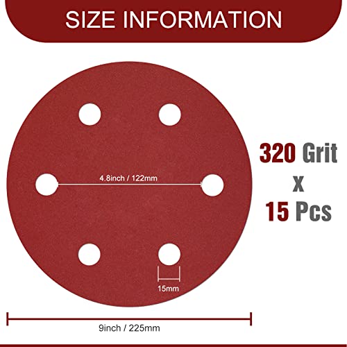 Awutzut 9 Inch 6 Hole Sanding Discs 320 Grit Hook and Loop for Drywall Sander 15PCS - style: 320 Grit