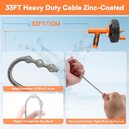 Drain Snake 33ft Flexible Steel Spring, Drain Auger with Drill Adapter