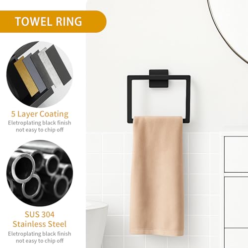 5-Piece Matte Black Bathroom Hardware Accessories Set - 16 Inch Stainless Steel Wall Mounted Towel Rack, Toilet Paper Holder, Towel Ring & 2 Hooks, Bathroom Organizer and Storage - color: A-16 Matte Black