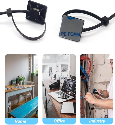 Strong Back-Glue Self Adhesive Cable Zip Tie Mounts Kit - 100 Set Cable Management Clips with 6" Zip Ties, Wire Holders - Outdoor Sticky Wire Organizer Clips-Black - color: Black
