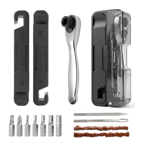 EMERK Bike Repair Tool Kit with Ratchet Wrench, 7 bits & 2 Tire Levers | Portable bike multi tool with Tubeless Tire Repair Plugs for fast repairs on road, mountain and e-bikes.