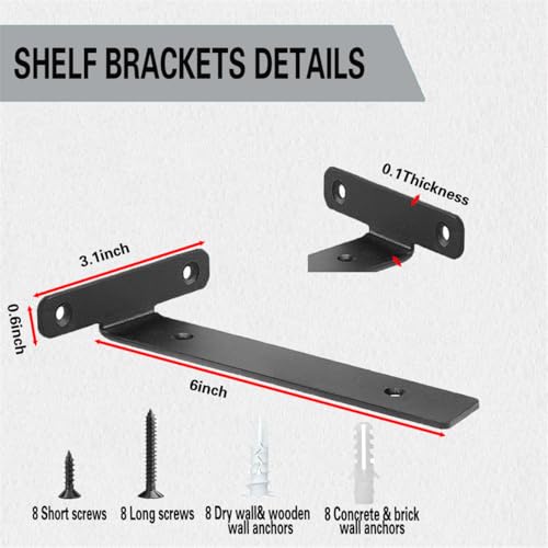 4 Pack Floating Shelf Brackets,6 Inch Heavy Duty Industrial Wall Shelf Bracket,Black Metal Hidden L Brackets for Shelves Support