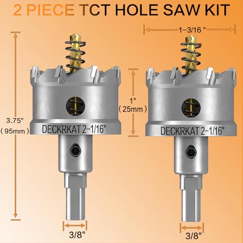 DECKRKAT 2-Pack 2-1/16" TCT Hole Saws for Hard Metal, Heavy Duty 52mm Tungsten Carbide Tipped Hole Cutters Set with Spring-Loaded Pilot Drill Bits for Stainless Steel, Metal, Iron, and Plastic. - size: 2-1/16" (52mm)