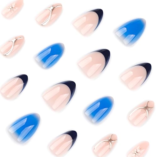 Blue Press On Nails Almond Shape 24pcs, Gradient Ombre False Nail with Star Design, 3D Pattern Medium Length Fake Nails, Glossy Stick On Nail Reusable Acrylic Glue On Nails Kit for Women - color: 34-Dark blue silver lines