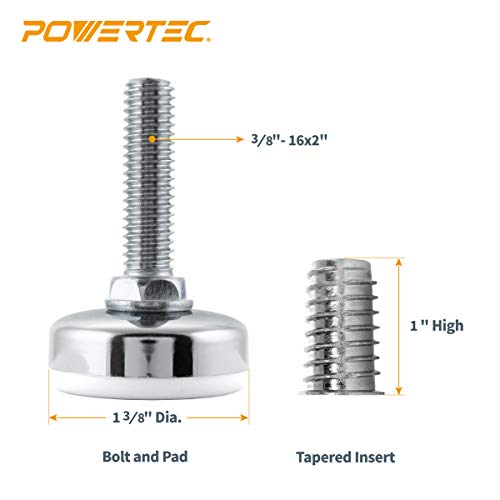 POWERTEC Threaded Leveling Feet 8PK with 3/8"-16 Threaded Inserts, Heavy Duty Adjustable Furniture Levelers with Large Nylon Foot for Cabinets, Benches, Tables & More (71189-P2) - size: Leveling Feet Insert, Set of 8