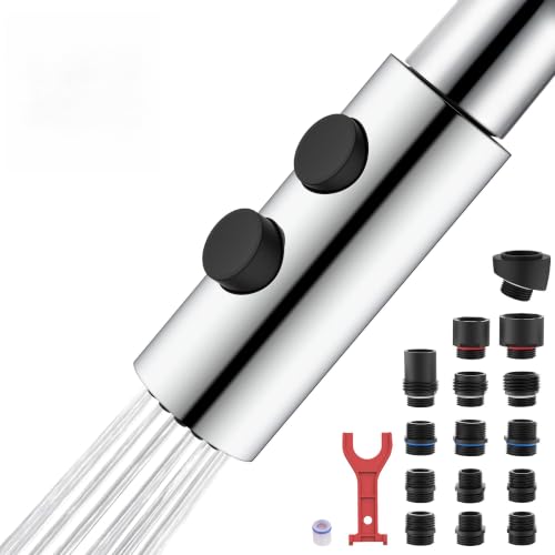 TIORIY Metal Kitchen Sink Faucet Head Replacement, Chrome Kitchen Faucet Spray Head with 15 Adapters, Stainless Steel Pull Out Kitchen Faucet Replacement Sprayer Nozzle - color: Chrome